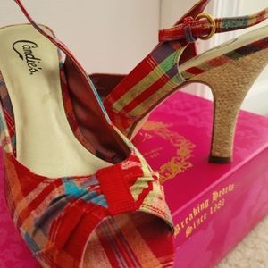 Candie's Peeptoe Sharlee Red Plaid Heels - Size 8.5